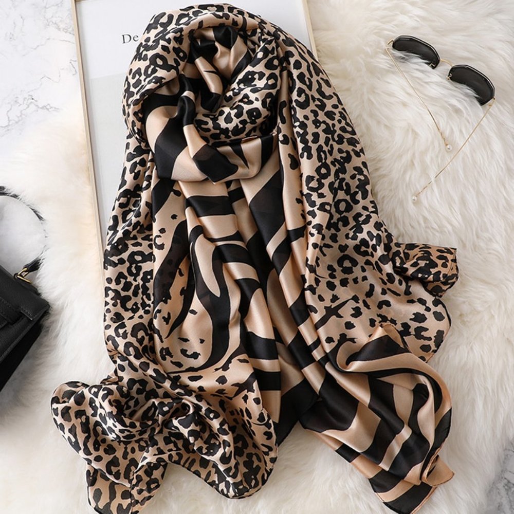 Leopard Animal Print Silk Look Satin Scarf Shawl